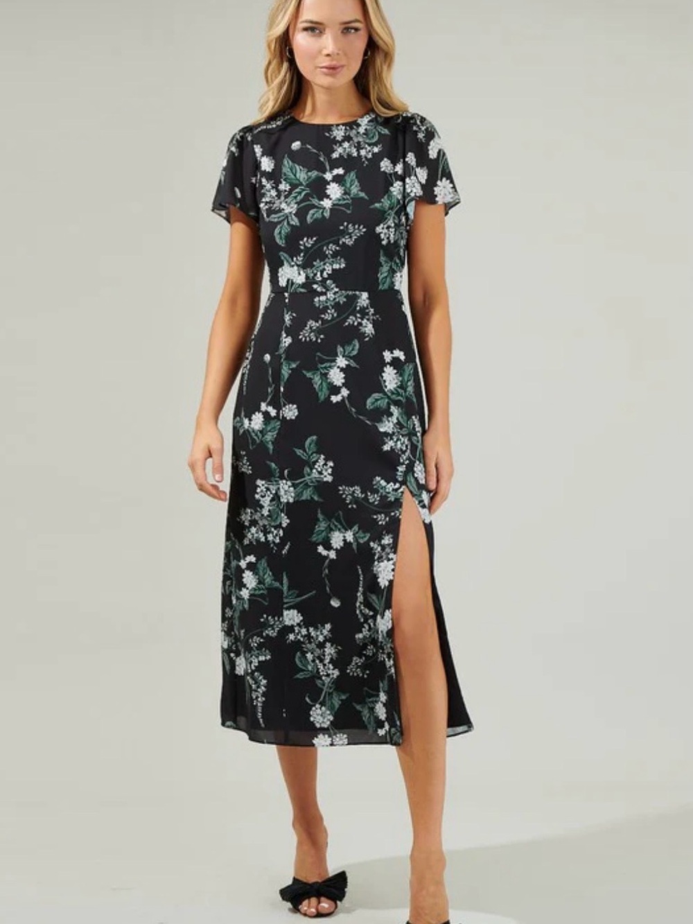 Sugarlips Black Floral Midi Dress with Green and White Print
